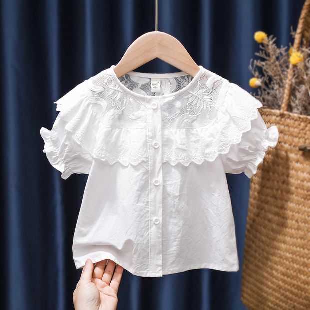 女童2021新款短袖衬衣夏季棉麻衣服娃娃领花边甜美可爱半袖童装