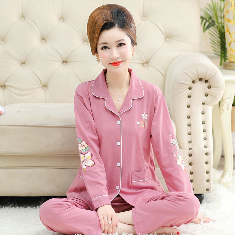 Middle-aged and elderly spring, summer and autumn pajamas women's pure cotton long-sleeved mother-in-law thin section middle-aged mother cardigan home service suit
