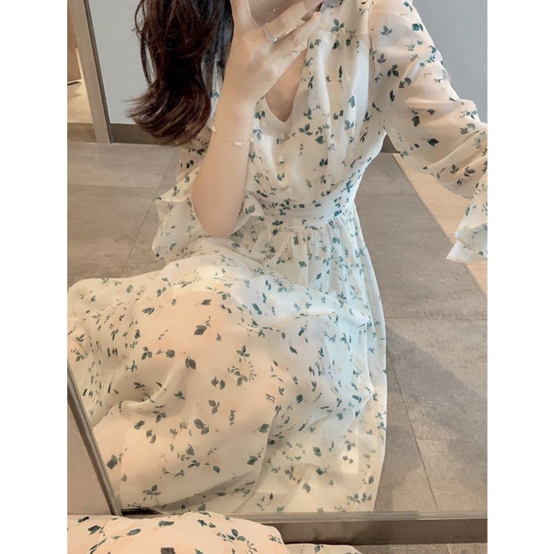 Tea break skirt women's summer 2023 new French style first love fairy sweet long skirt chiffon floral high-end dress