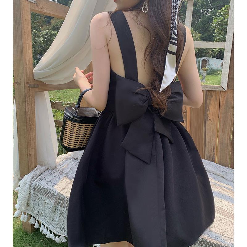 吊帶裙法式初戀赫本風蝴蝶結公主裙夏季露背連衣裙黑色氣質裙子女