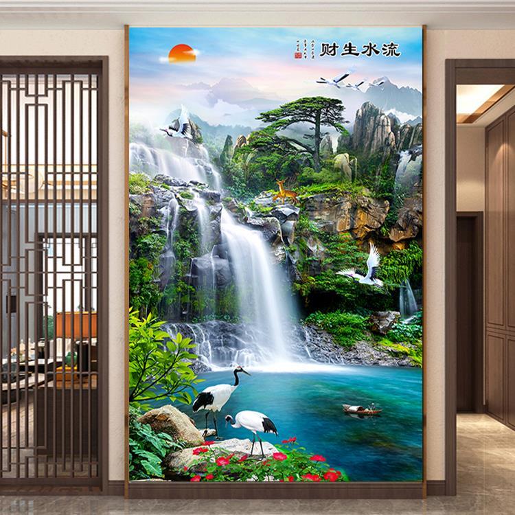 迎客松流水生财瀑布玄关客厅装饰画招财风水画墙贴壁山水画壁纸