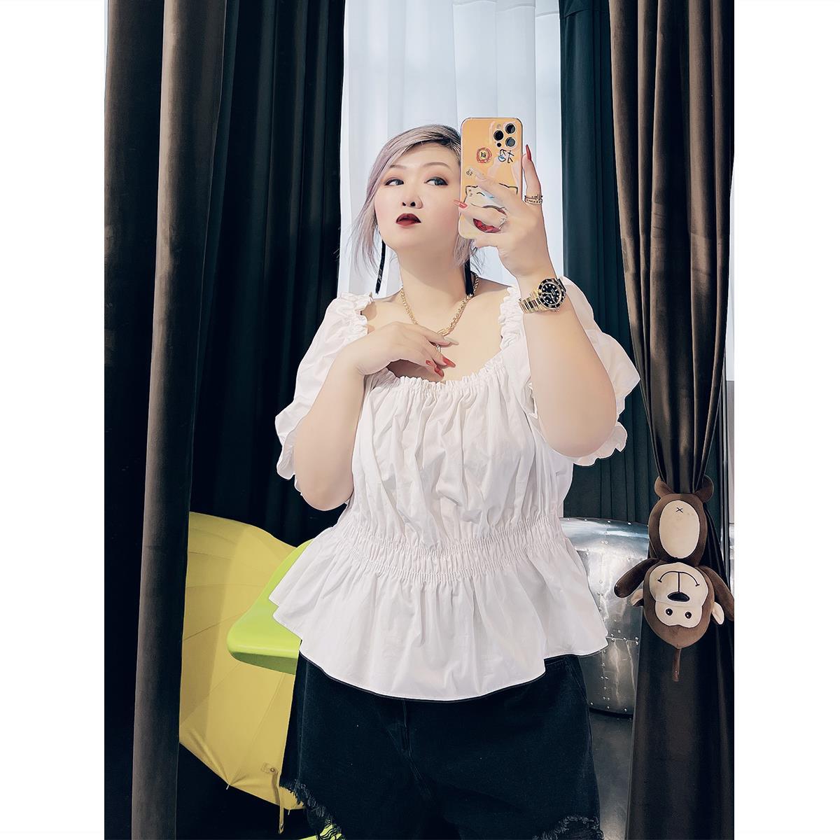 夏装新款大码女装韩版200斤胖MM泡泡袖短款方领上衣短袖收腰衬衫