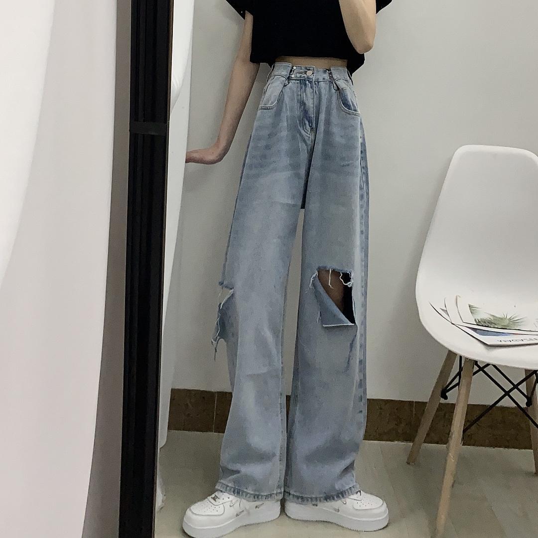 Broken straight jeans women's summer 2022 new popular high waist loose slimming chic sag wide leg pants