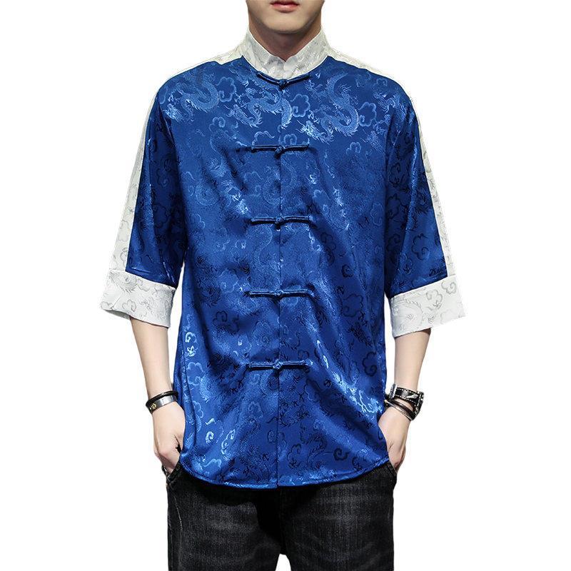冰丝短袖衬衫男夏季外套中国风提花唐装半袖上衣潮牌男装宽松衬衣