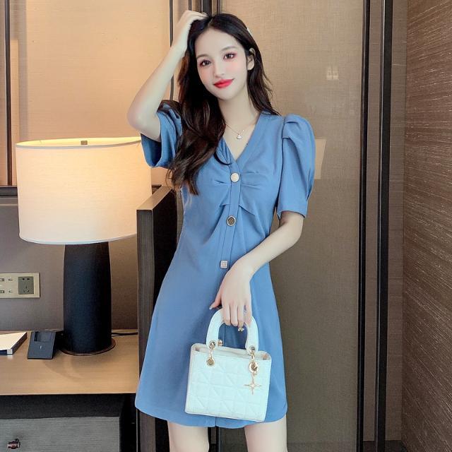 v领连衣裙夏装女装短袖纯欲桔梗茶歇裙法式温柔风连衣裙小个子裙