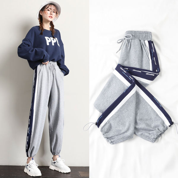 75715-休闲运动裤女春秋灰色束脚裤子学生韩版宽松显瘦九分裤直筒阔腿裤-详情图