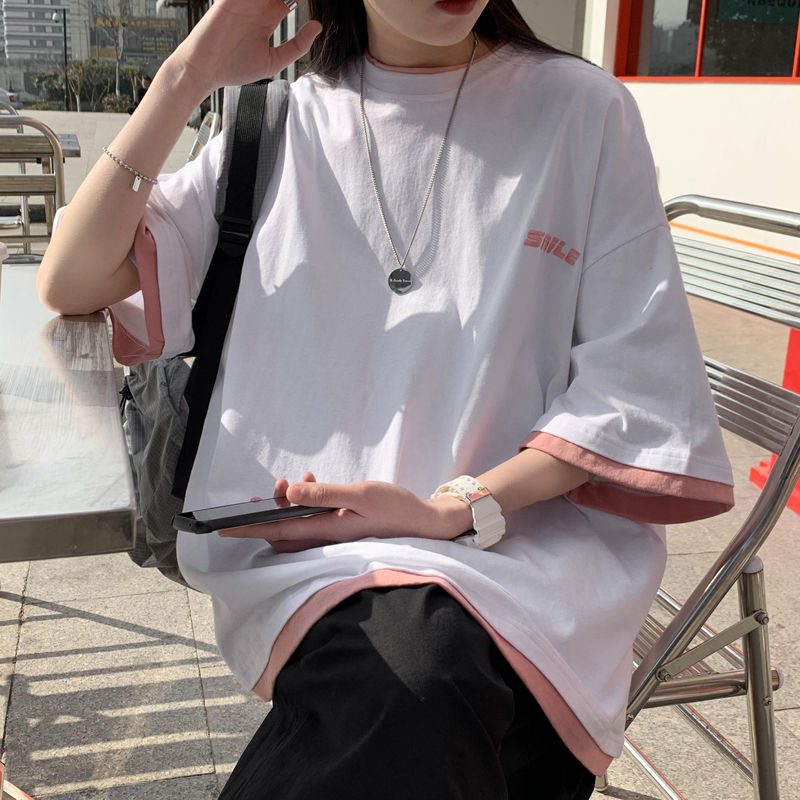 假兩件半袖女夏寬鬆設計感小眾短袖t恤ins潮網紅超火歐美潮牌上衣