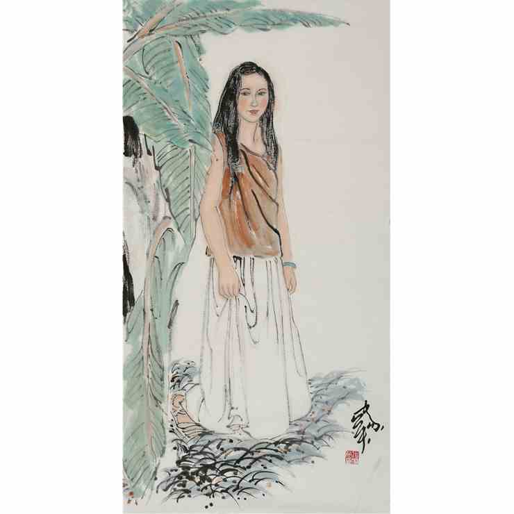 何家英字画手绘三尺竖幅写意人物美女名人国画文玩装饰送礼赠证书