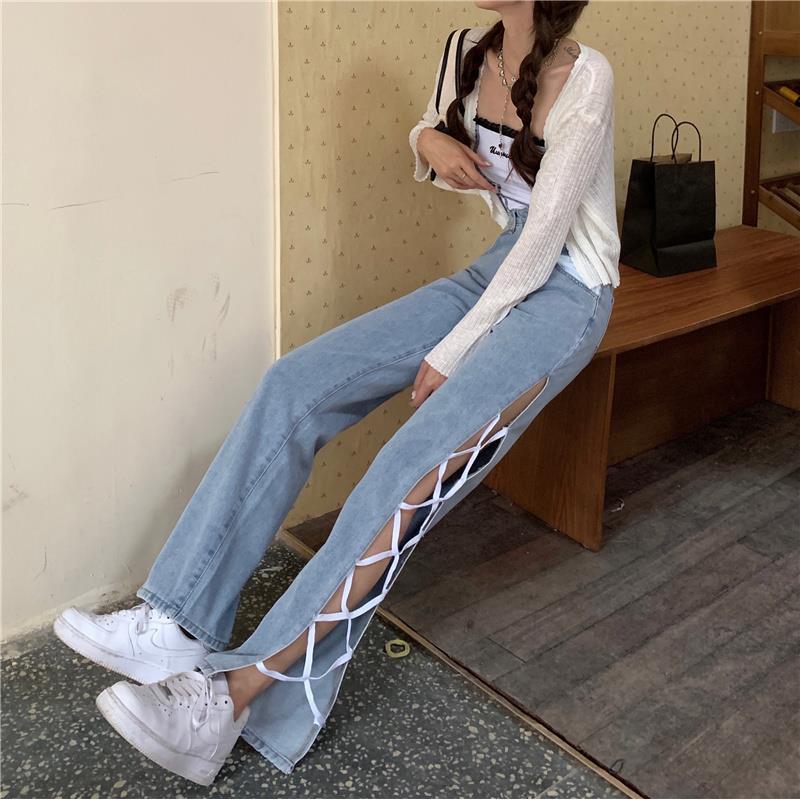 Irregular strap high waist slit new revelations thin jeans women's summer slim straight leg mopping wide leg pants
