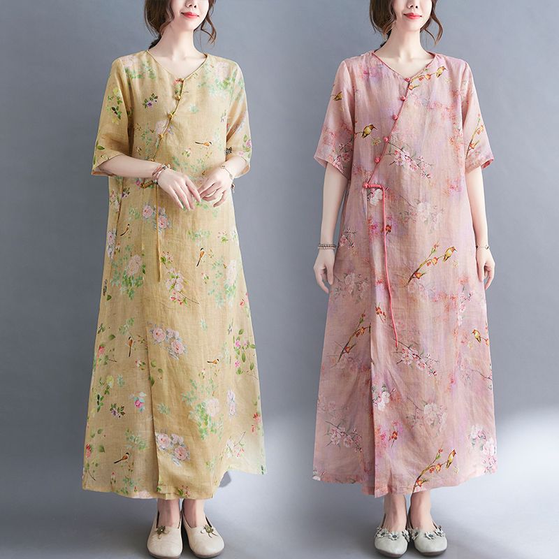 2023夏裝中式復古改良棉麻短袖連衣裙寬鬆大碼薄款印花減齡長裙女