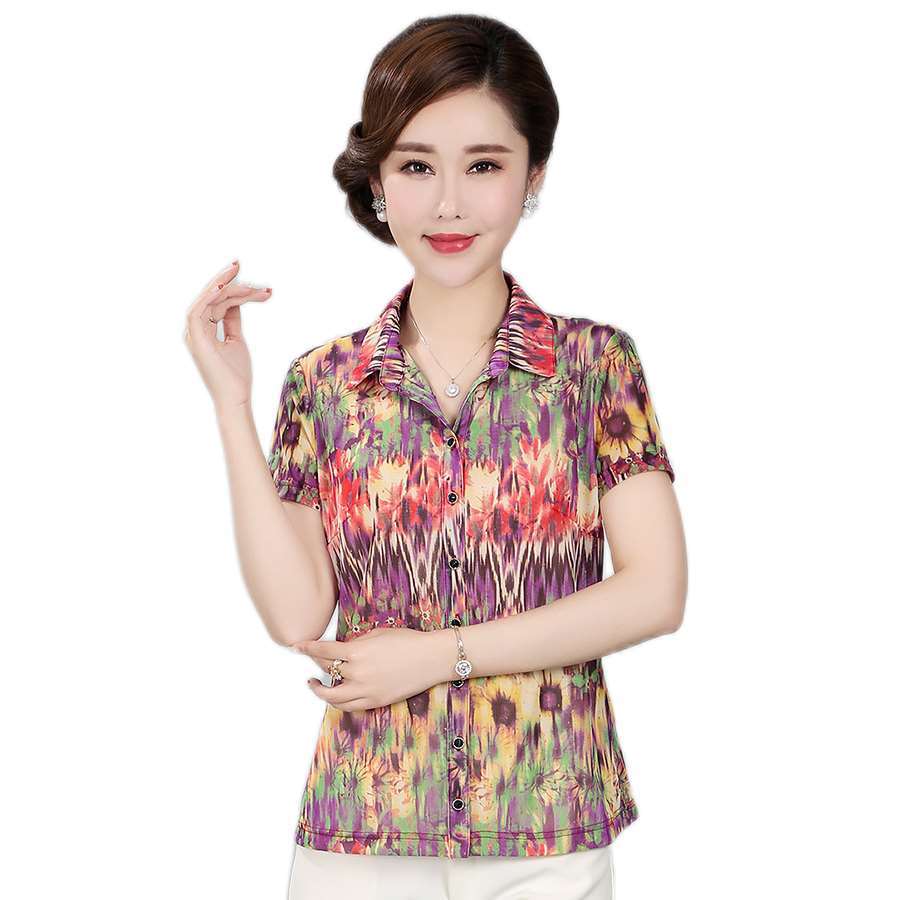 竹语声夏季新品短袖中老年女装时尚胖妈妈t恤大码弹力台湾纱衬衫【3月