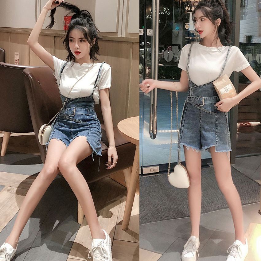 年夏季新款女装韩版甜美短袖T恤上衣+牛仔吊带连体短裤子套装