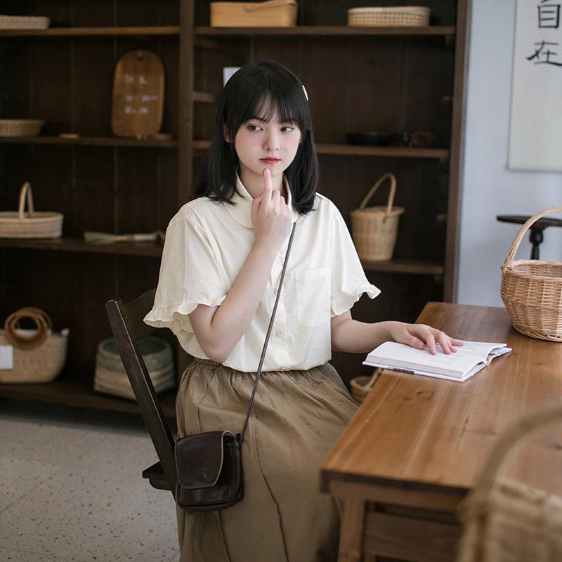 Japanese lace sleeve doll neck short sleeve shirt female student summer thin loose versatile girl shirt student top