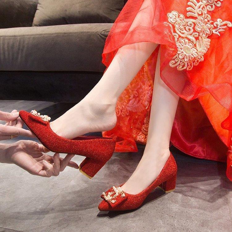 French style big red wedding shoes 2021 new bridal shoes women's wedding shoes red Xiuhe thick heel pregnant women can usually wear