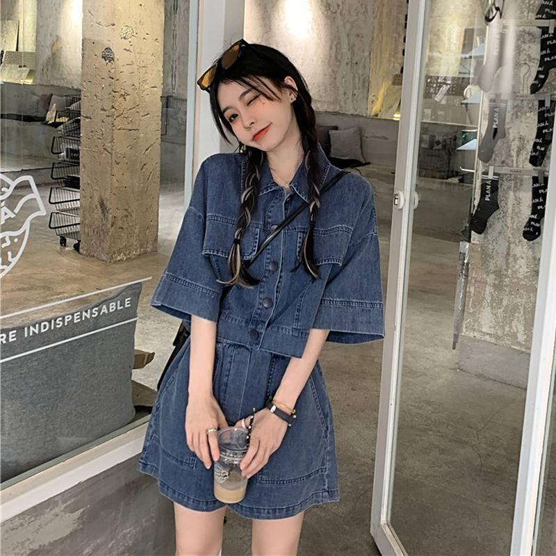 Denim suit summer 2021 new retro Hong Kong style loose short cool salt style short-sleeved shirt tops women's two-piece set