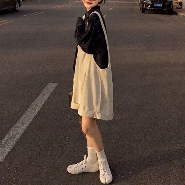 Denim suspenders female Harajuku ins summer Korean version new retro student loose wide leg one-piece short