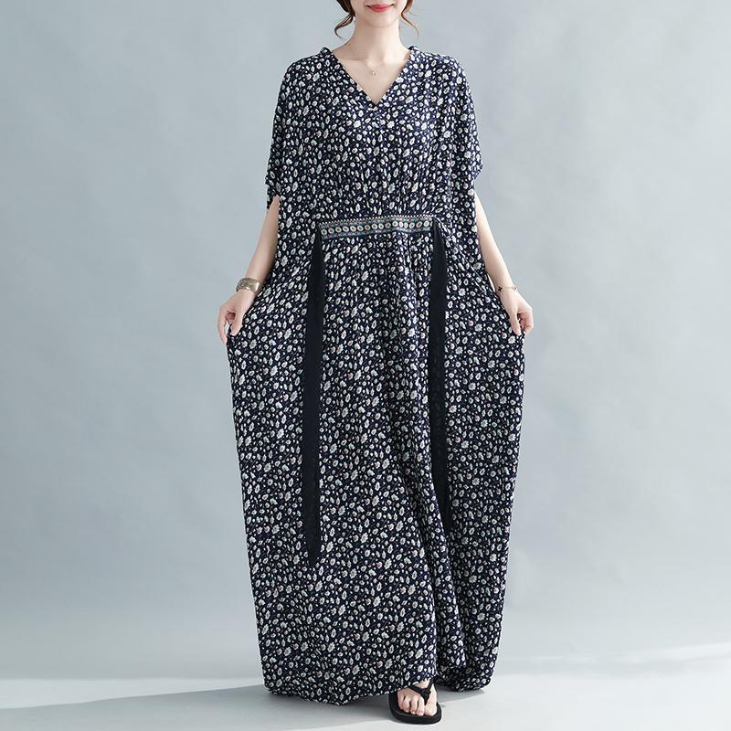 120-300斤2021夏季新款文藝刺繡系帶棉綢V領寬鬆長袍蝙蝠袖連衣裙