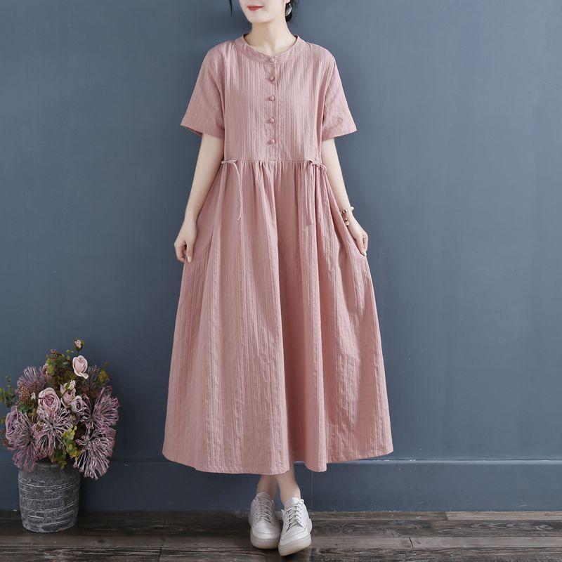 加大碼女裝裙子女夏2023新款文藝復古夏季短袖棉麻中長款連衣裙女