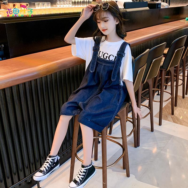 女童牛仔背帶褲套裝夏裝2023新款洋氣10歲女孩兒童夏季薄款中大童