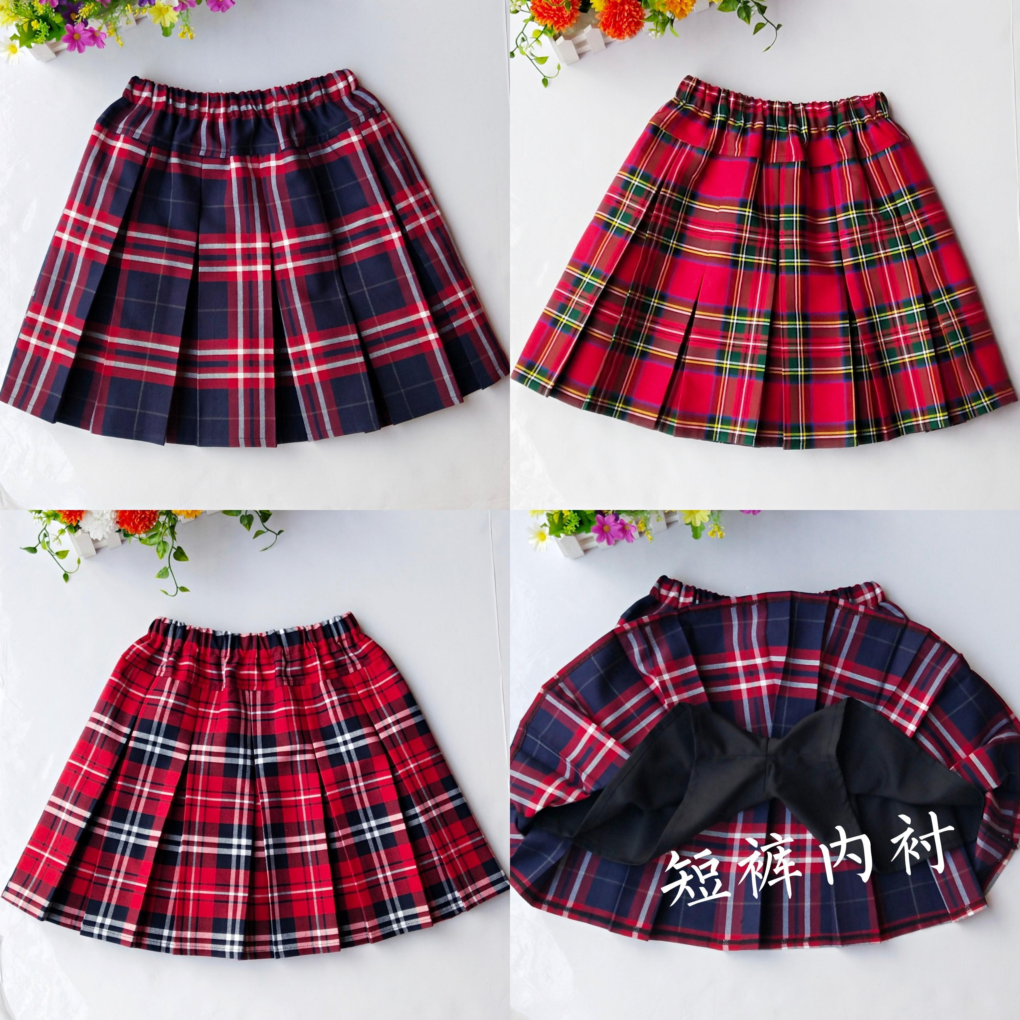 Primary and middle school students school skirt purple red grid skirt skirt girls red white black grid pleated skirt children's costumes