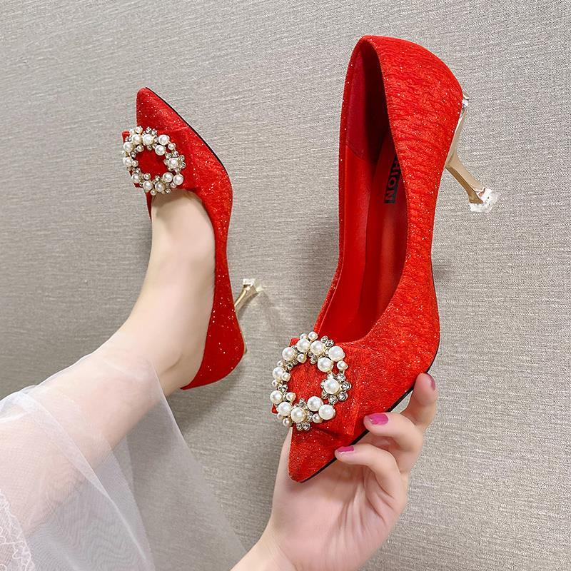 結婚鞋女2021新款紅色中式高跟敬酒禮服低跟孕婦細跟秀禾新娘鞋子
