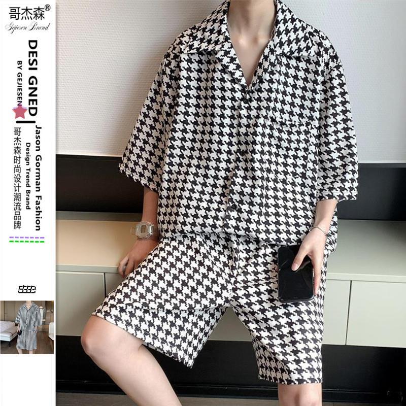 千鸟格短袖上衣薄款痞帅西服套装夏季男装小众设计ins炸街两件套