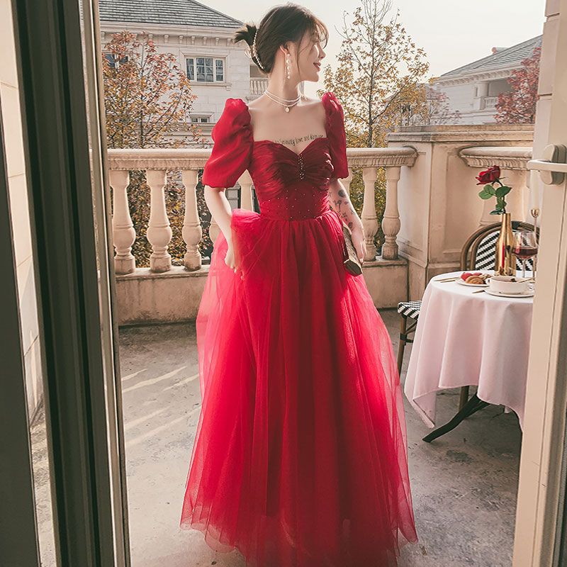 优雅酒红色新娘敬酒服裙气质2021新款宴会订婚结婚晚礼服女长款