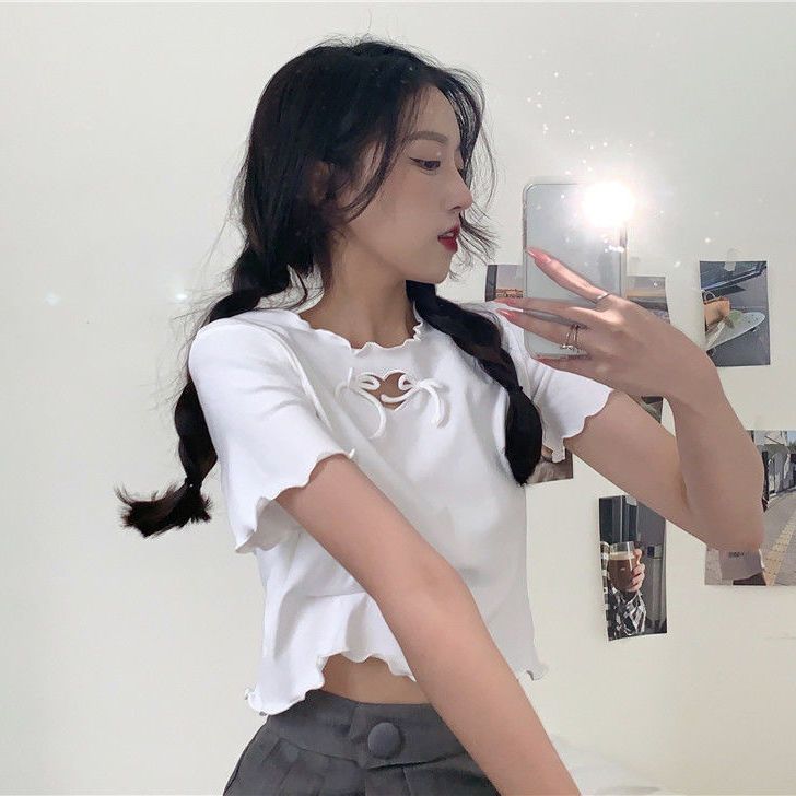 54191-ins小心机爱心镂空蝴蝶结减龄上衣女2021夏季显瘦宽松短款t恤潮-详情图