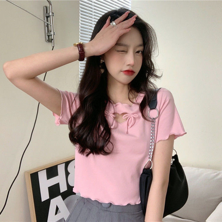 54191-ins小心机爱心镂空蝴蝶结减龄上衣女2021夏季显瘦宽松短款t恤潮-详情图