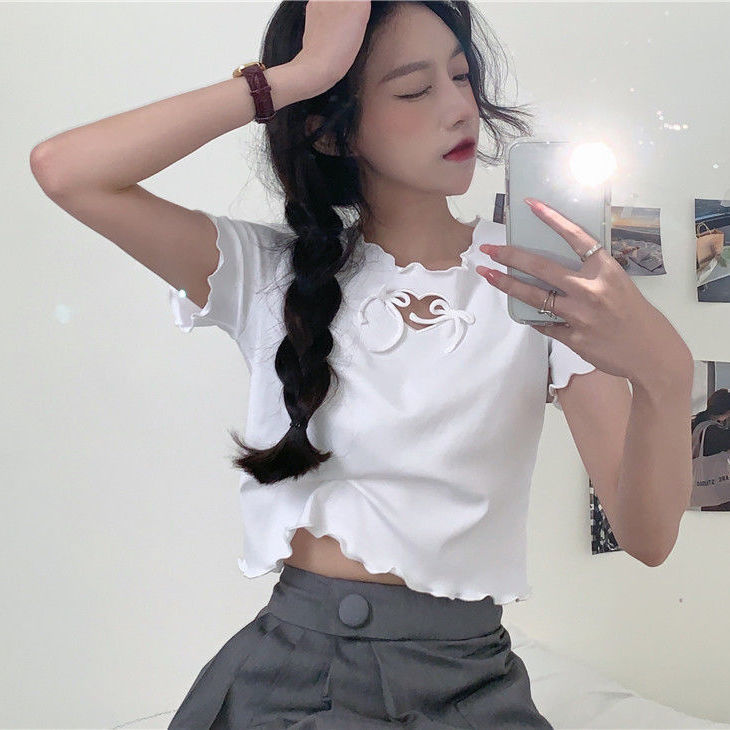 54191-ins小心机爱心镂空蝴蝶结减龄上衣女2021夏季显瘦宽松短款t恤潮-详情图