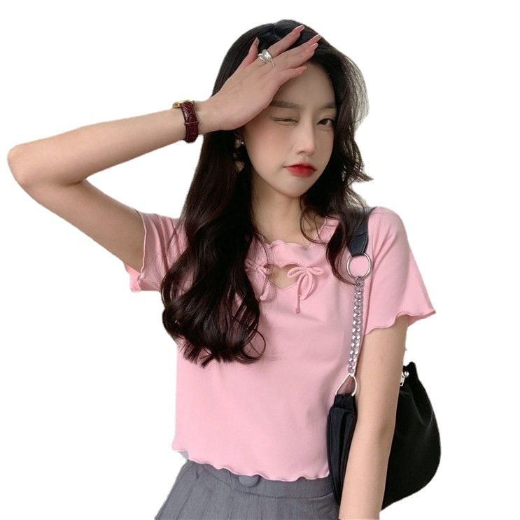 54191-ins小心机爱心镂空蝴蝶结减龄上衣女2021夏季显瘦宽松短款t恤潮-详情图