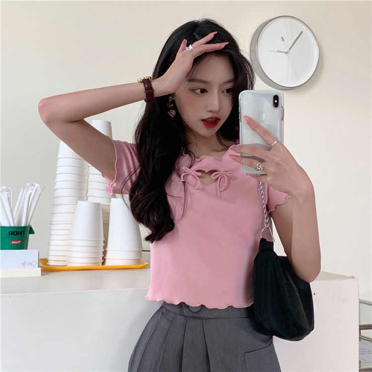 54191-ins小心机爱心镂空蝴蝶结减龄上衣女2021夏季显瘦宽松短款t恤潮-详情图