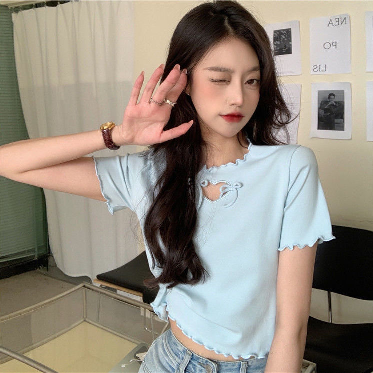54191-ins小心机爱心镂空蝴蝶结减龄上衣女2021夏季显瘦宽松短款t恤潮-详情图