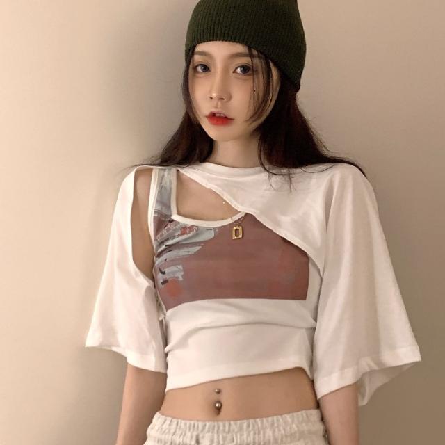 Two-piece suit student Korean style Chic Korean girl loose all-match printed vest + irregular short-sleeved T-shirt
