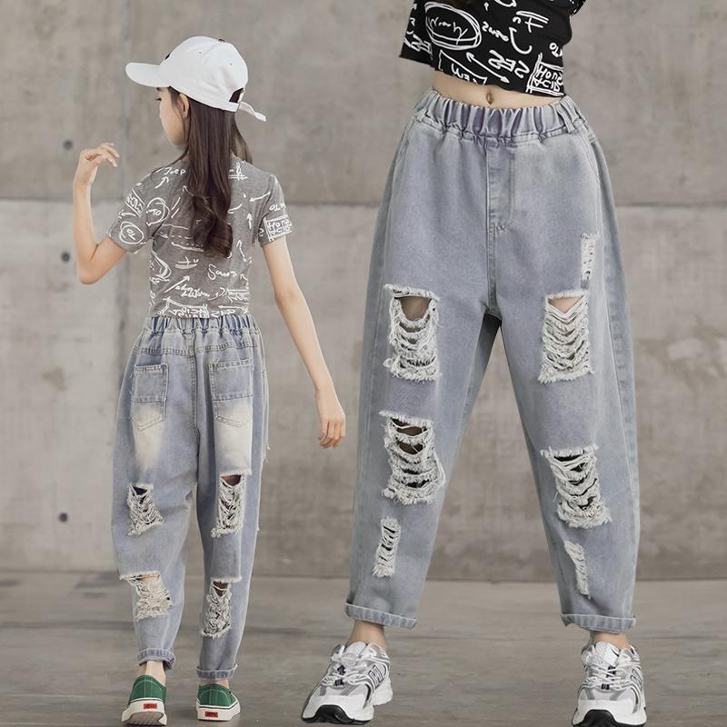 女童破洞牛仔褲夏裝2023新款中大童洋氣休閒哈倫褲兒童寬鬆蘿蔔褲