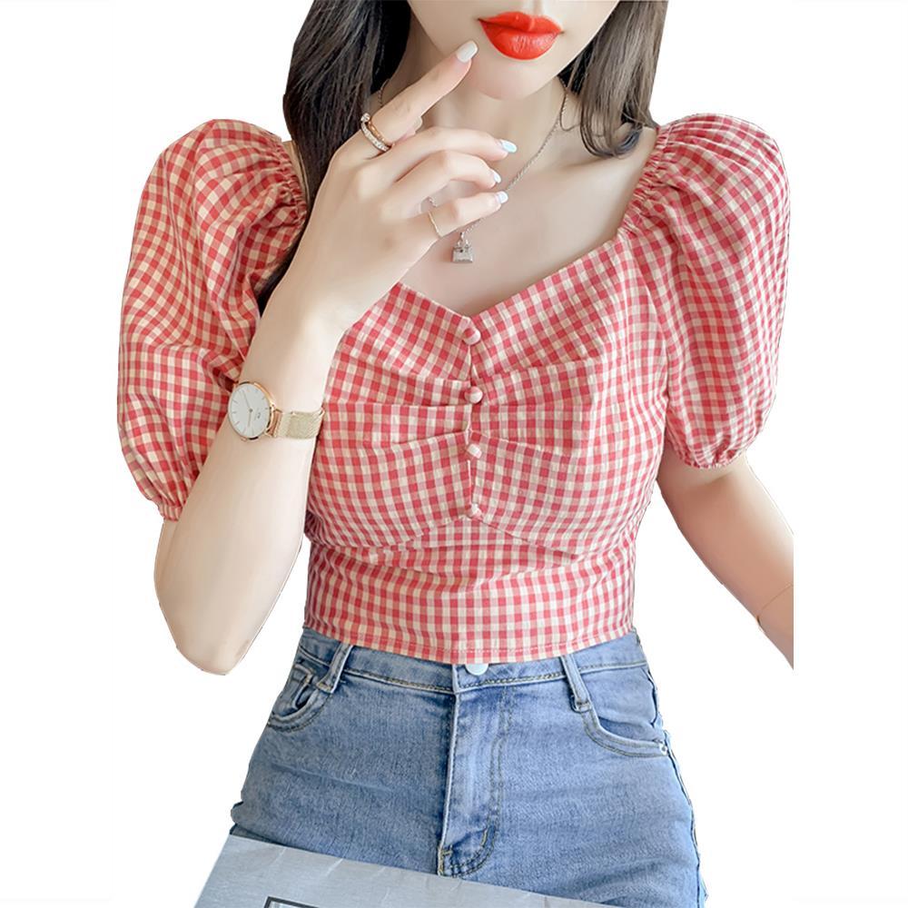 一字肩格子衬衫女短款夏新款时尚气质优雅减龄韩版泡泡袖上衣