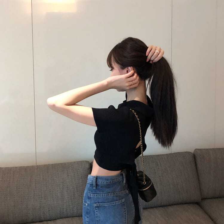 设计感后背绑带短袖针织衫女夏季2023年新款韩版修身显瘦短款上衣