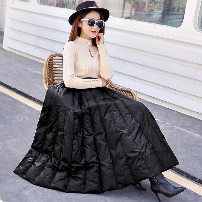  autumn and winter new down cotton skirt women's mid-length black thickened warm high-waisted one-piece a-line skirt