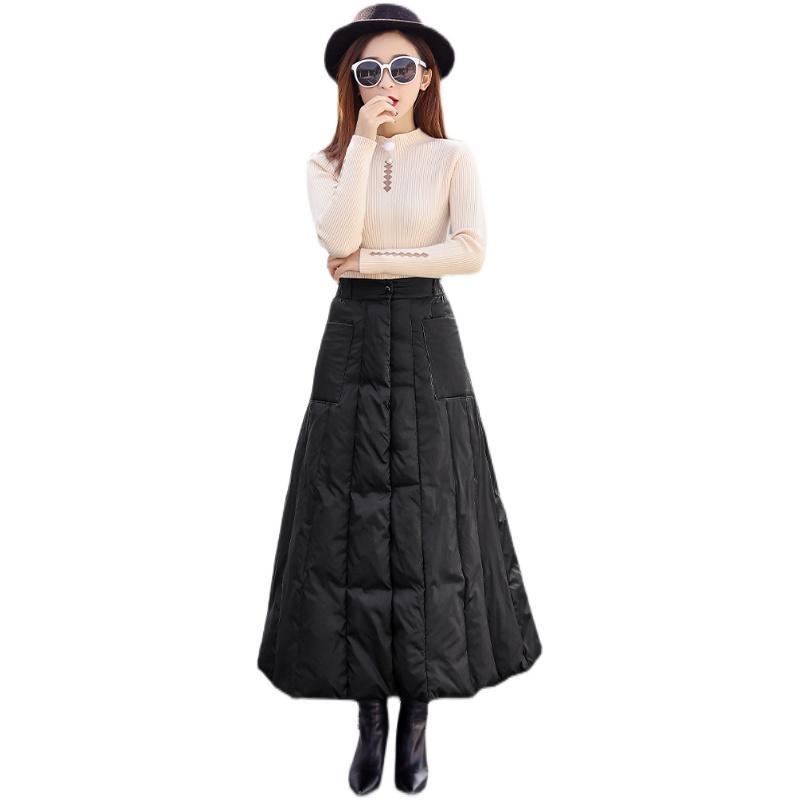  autumn and winter new down cotton skirt women's mid-length black thickened warm high-waisted one-piece a-line skirt