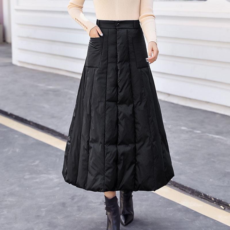  autumn and winter new down cotton skirt women's mid-length black thickened warm high-waisted one-piece a-line skirt