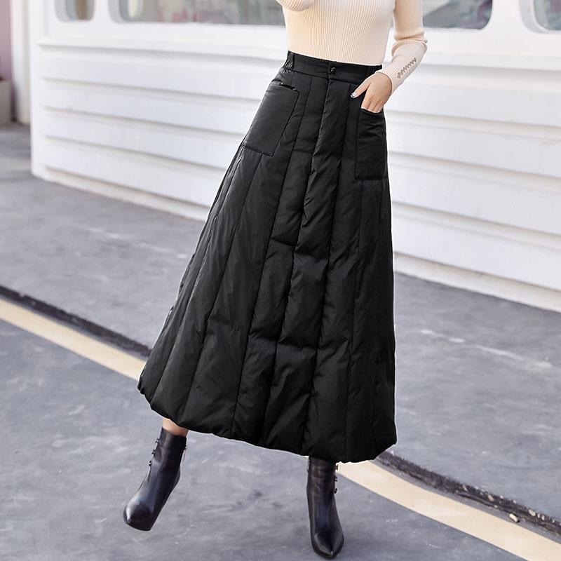  autumn and winter new down cotton skirt women's mid-length black thickened warm high-waisted one-piece a-line skirt