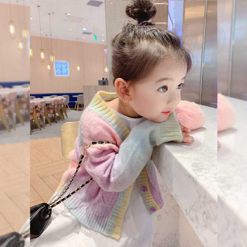 Girls' autumn clothes 2022 new parent-child rainbow knitted cardigan children's exotic sweater Pullover baby sweater