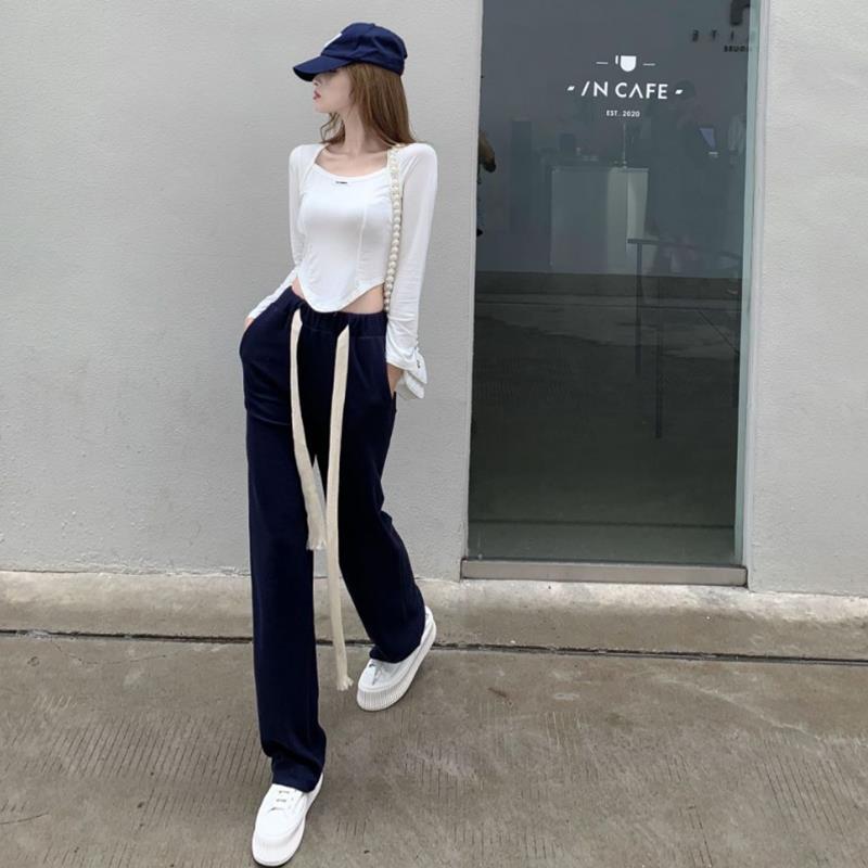 Straight-leg loose black pants for women summer thin high-waisted drawstring versatile casual wide-leg pants Internet celebrity drape trousers