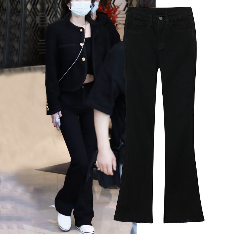 黑色微喇叭裤女2021春秋新款长裤子九分高腰显瘦修身牛仔裤长裤潮
