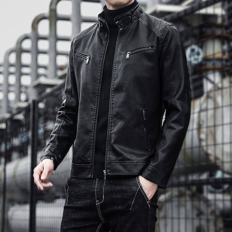 Men's spring stand-collar motorcycle leather jacket, winter velvet spring and autumn jacket, trendy young dad's windbreaker