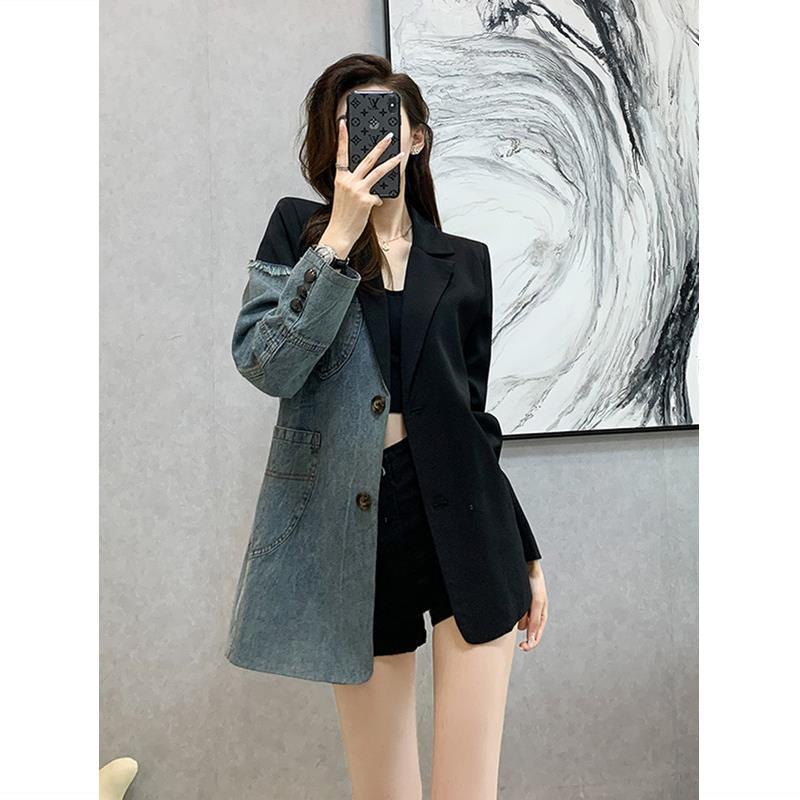 Women's Suit 2023 Autumn New Korean Fashion Personality Irregular Stitching Denim Jacket Slim Small Suit Trend