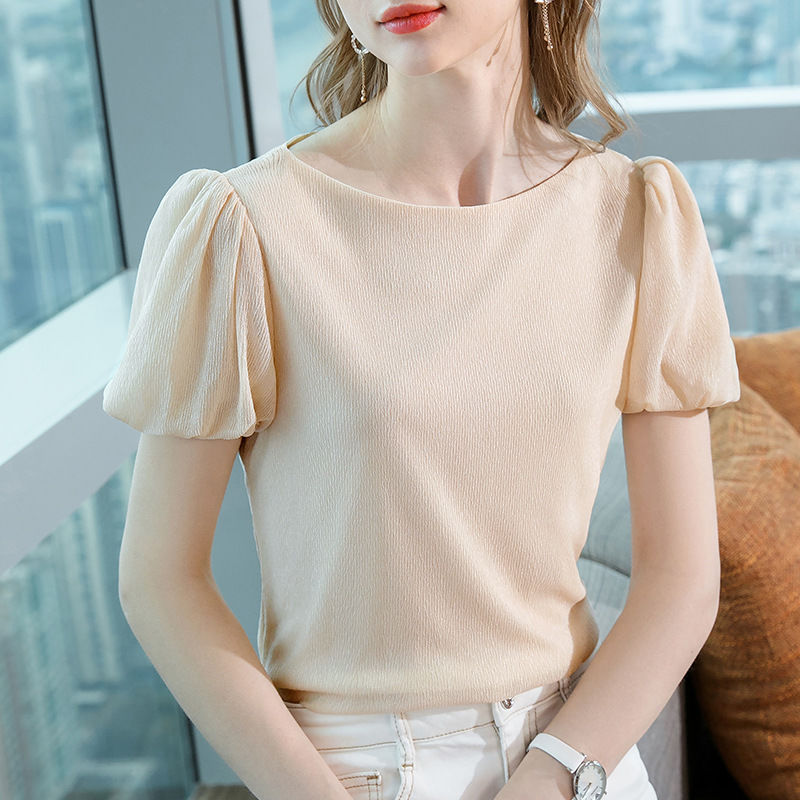 雪纺衫女短袖2021夏季新款女装气质一字肩欧货小衫泡泡袖纯色上衣
