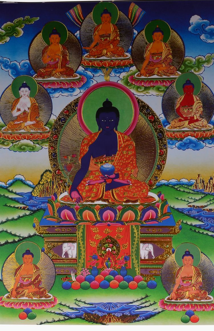 Hand-Painted 药师佛唐卡画像客厅玄关手绘西藏式密宗药师八尊佛像挂画小号36cm detail 10