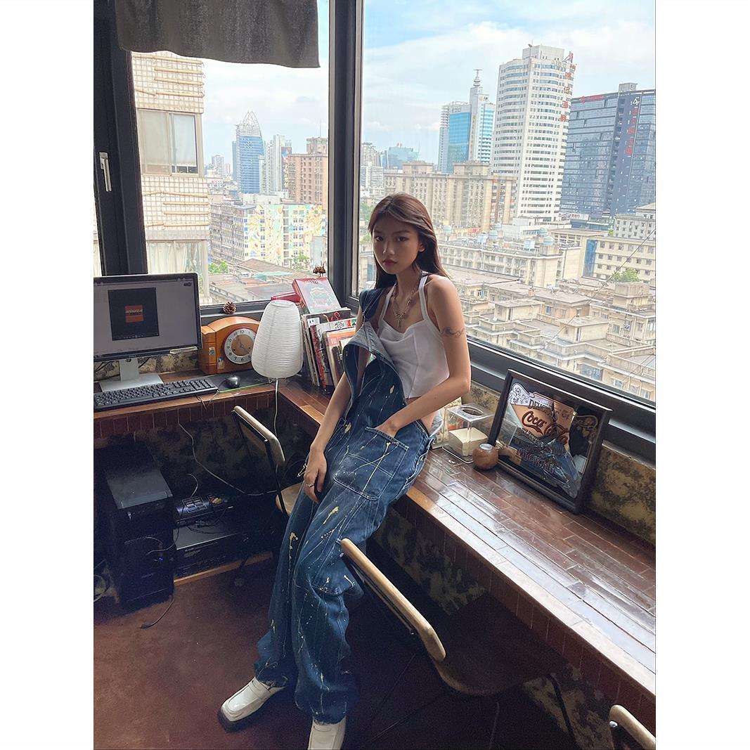 Splashed ink lines denim overalls women's American style high street hiphop hot girl fried street tooling casual wide-leg pants autumn