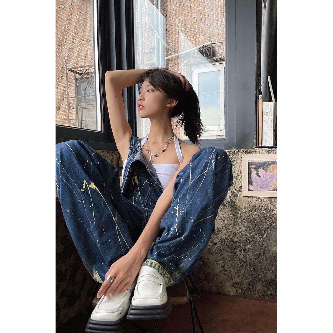 Splashed ink lines denim overalls women's American style high street hiphop hot girl fried street tooling casual wide-leg pants autumn